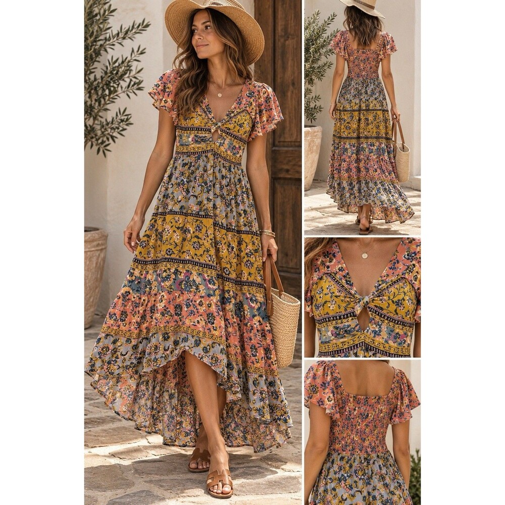 Angie Boho Maxi Dress M Floral Flutter Sleeve High Low Keyhole Smocked